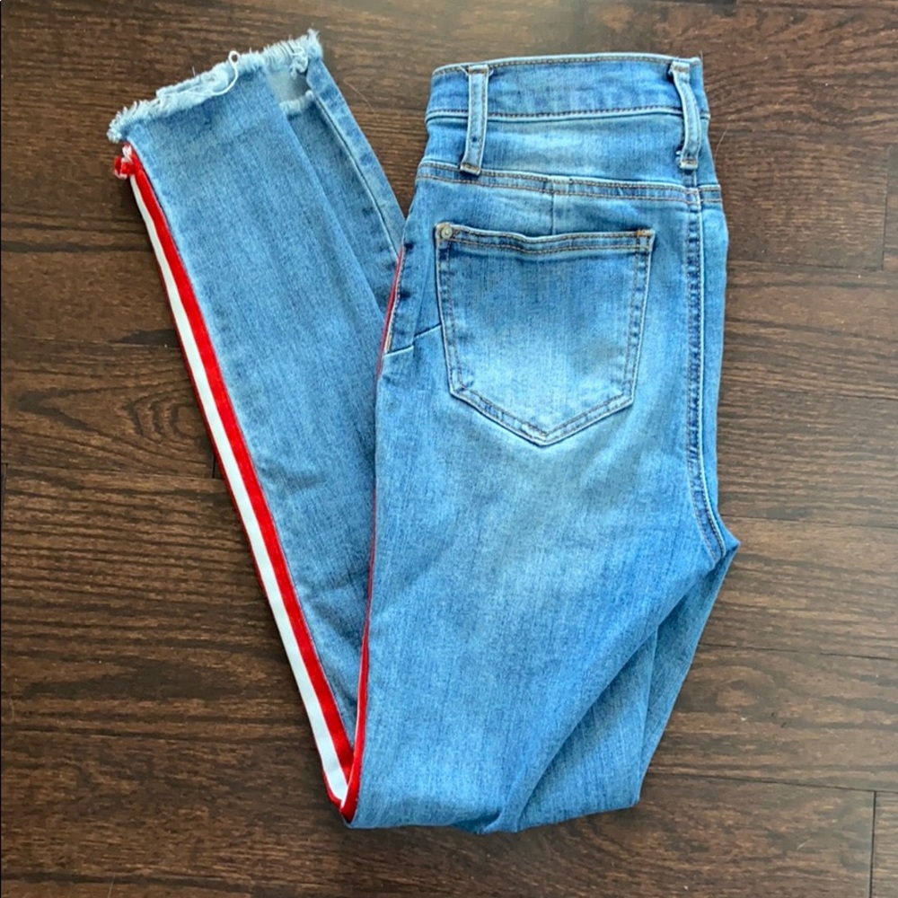 Girls High Rise Striped Medium Wash Skinny Jeans
